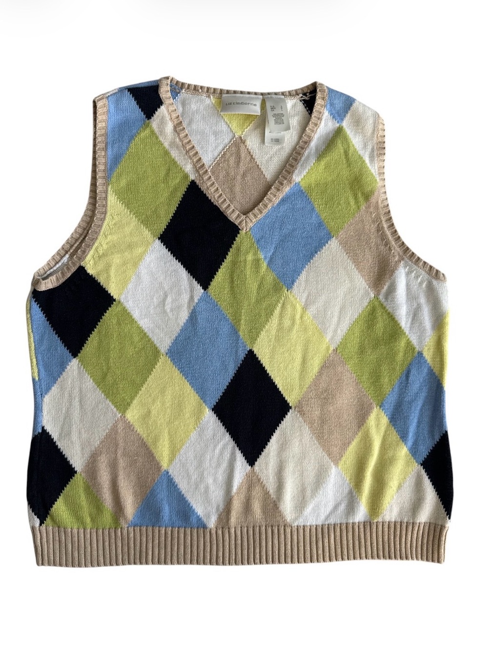 Liz Claiborne Sweater Tank Vest Womens Large Sleeveless Cotton Golf Diamond